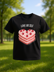 T-shirt Love Ur Self Heart Cake Nera Unisex a Maniche Corte Vestibilità Comoda Casual 100% Cotone 180g Stampa Digitale Girocollo in Jersey - Product Image 2