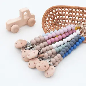 LoveBond Bpa içermeyen kukla silikon boncuk zincir bebek emzik klip ahşap halka diş kaşıyıcı emzik klip zincir bebek emzik klip