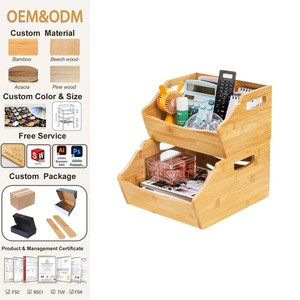 SINCERE 2 Pack Bamboo Countertop <strong>Storage</strong> <strong>Bins</strong> Open Front 2-Tier Stacking Organize Basket <strong>Box</strong> Handle Food Fruit Kitchen <strong>Storage</strong> - Product Image 1