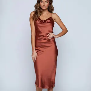 Women Adjustable straps Cowl neckline Back split Fitted body Midi long 100% mulberry silk satin slip dress