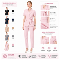 Ensemble de costume pour femmes, en coton fin, antibactérien, avec ceinture à la taille, blazer à manches courtes et pantalon, pour le personnel de réception d'hôtel