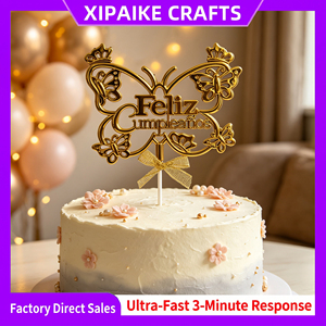Adorno para Pastel de Cumpleaños con Corona de Mariposa de Plástico Chapado en Oro, Feliz Cumpleaños, Decoración para Fiesta de Cumpleaños en Español, 3D, Precio de Fábrica - Product Image 1