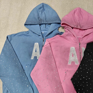 Sweat à capuche zippé pour homme, personnalisé, vintage, hiver, tricoté, imprimé, effet délavé, streetwear, avec appliqué, broderie et strass - Product Image 3