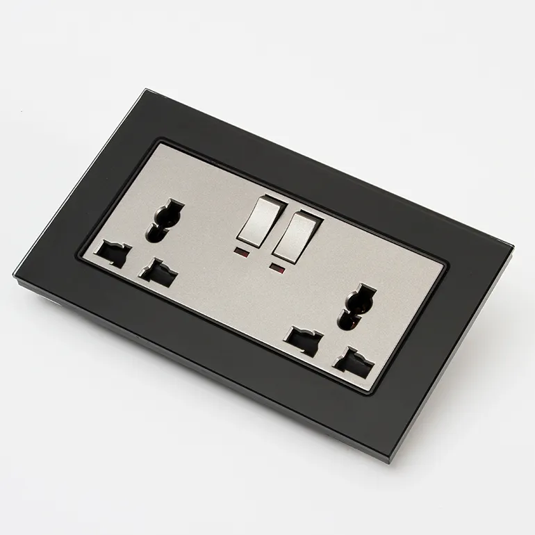 Cadre en verre trempé noir pour double prise électrique universelle, avec bouton On/Off et lumière d'avertissement, 2 pièces