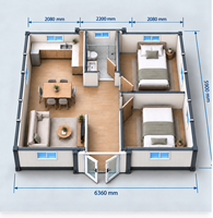 Maisonnette préfabriquée moderne à deux chambres, plan ouvert, salle de bain complète, extérieur moderne, maison familiale