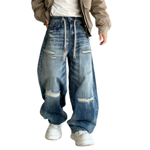 กางเกงยีนส์ทรงหลวมสไตล์วินเทจขาดๆ แบบโอเวอร์ไซส์ ล้างสีแบบเรโทร ขากว้าง มีเชือกผูกเอว สำหรับแฟชั่นแนวสตรีท - Product Image 1