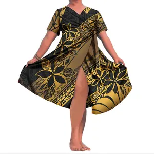 hot selling custom clothing women polynesian hawaii tropical print women midi dress plus size casual summer wrap dresses