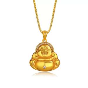 Liontin kalung Buddha Maitreya Retro mewah baru gaya Tiongkok cahaya pasir emas menyelesaikan perhiasan baja tahan karat jimat emas - Product Image 3