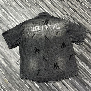 <span class=keywords><strong>Camicia</strong></span> in Denim Jacquard Personalizzabile da <span class=keywords><strong>Uomo</strong></span> Vestibilità Ampia Manica Corta Ricamo Geometrico Lavorato a Maglia Stile High Street 100% Cotone Traspirante - Product Image 2