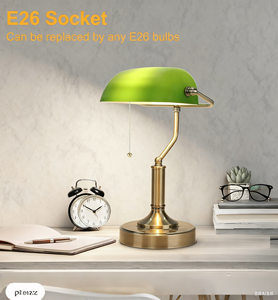 Retro màu xanh lá cây Thủy Tinh ngân hàng Đèn bàn cổ đèn bàn với cơ sở đồng thau đèn thư viện truyền thống với chuỗi kéo cổ điển - Product Image 2