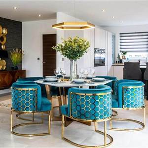 <span class=keywords><strong>Sedia</strong></span> da Pranzo di Lusso in Velluto <span class=keywords><strong>Blu</strong></span> con Telaio in Acciaio Inossidabile, Design con Braccioli per Casa, Ufficio e Sala da Pranzo - Product Image 3