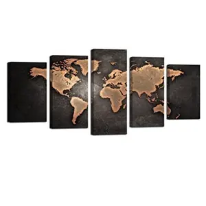 Waterproof Artwork Picture Framed Ready to Hang Canvas Art Painting Antique Abstract World Map 5 Pieces Giclee Prints