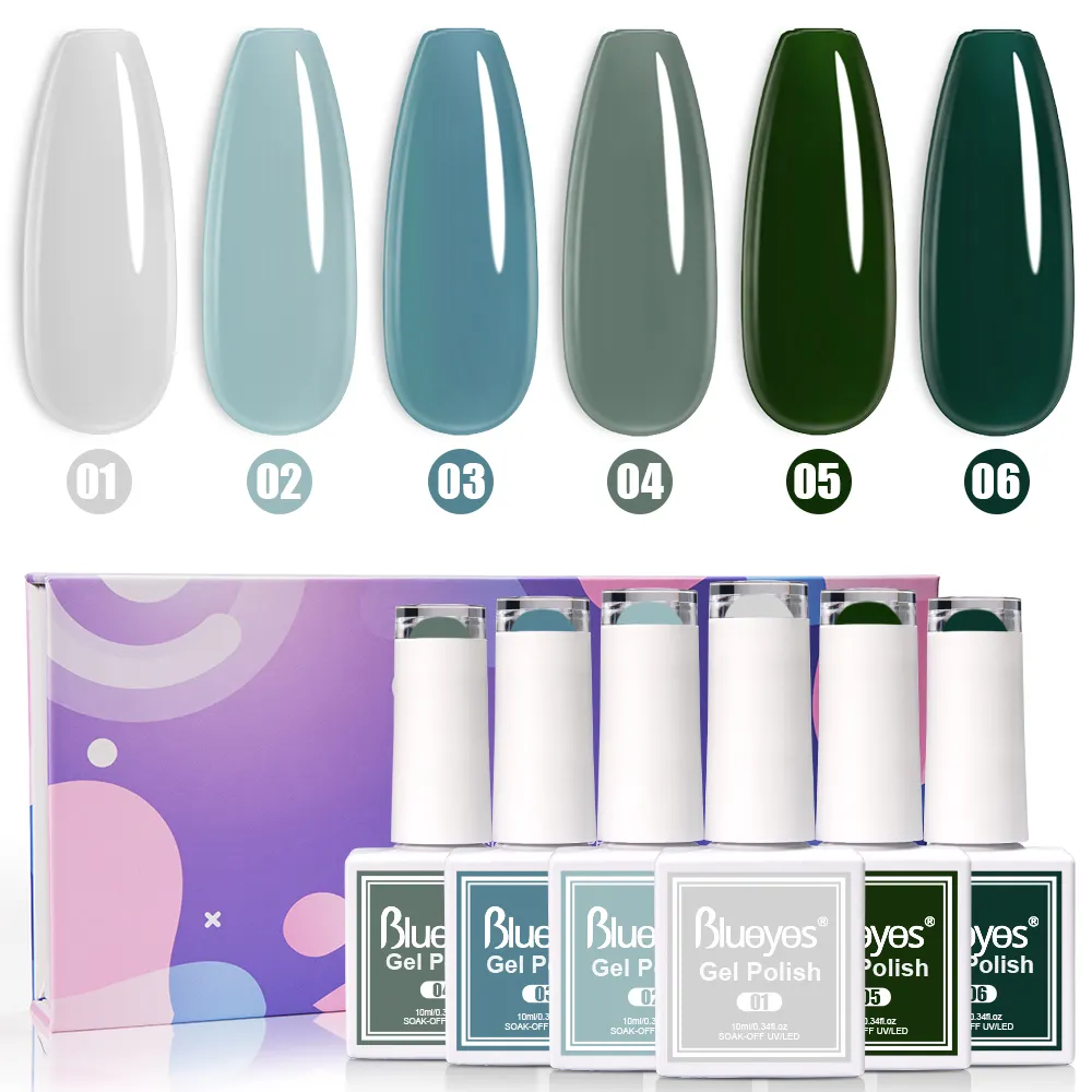 Blueyes OEM Gel Polonês Fornecedor de marca própria Série Verde 6 peças de esmalte de unhas Gel UV embeber em cor verde Gel Polonês para unhas
