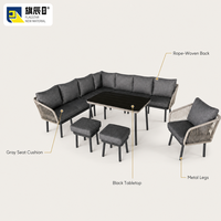 5-teiliges Outdoor-Patio-Set, L-förmiges Sofa, Sessel, Tisch, 2 Ottomanen, beige Seilgeflecht, Metall