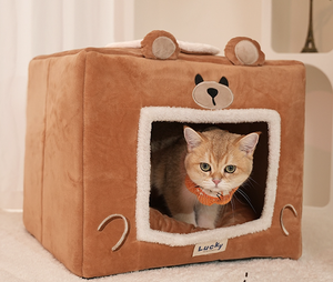 منزل كلب من الصوف القطني بيوميتك بنمط دب ناعم مستطيلي قابل للغسل مع فتحة سقف تحت صوفي - Product Image 2