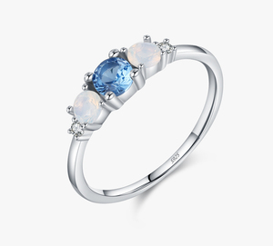 Three Stone <b>Opal</b> <b>Ring</b> 925 Sterling <b>Silver</b> Prong Setting Round Brilliant Cut Diamond Women's Classic Engagement <b>Ring</b> - Product Image 1