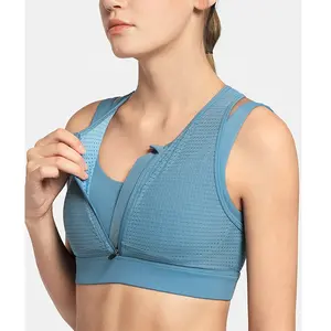 High Impact Sports Bras with Front Zip Closure Mesh Racerback Top Fitness Bra for Women