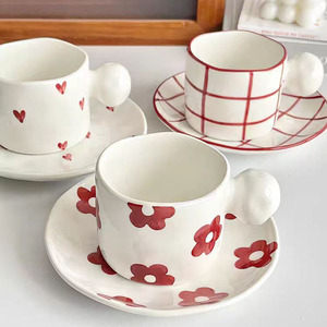 Ensemble tasse et soucoupe en grès de haute qualité pour café, cadeau Saint-Valentin, capacité 250 ml, mugs en céramique portables à motifs variés - Product Image 2