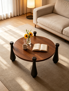 Modern Wood <b>Coffee</b> <b>Table</b> Minimalist Design Round Top Black <b>Legs</b> Living Room Furniture - Product Image 4