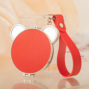 <b>Cute</b> <b>Bear</b> Head Shaped PU Leather Compact Mirror with Keychain Double Sided Folding Travel Mirror With Plastic Frame Strap - Product Image 2