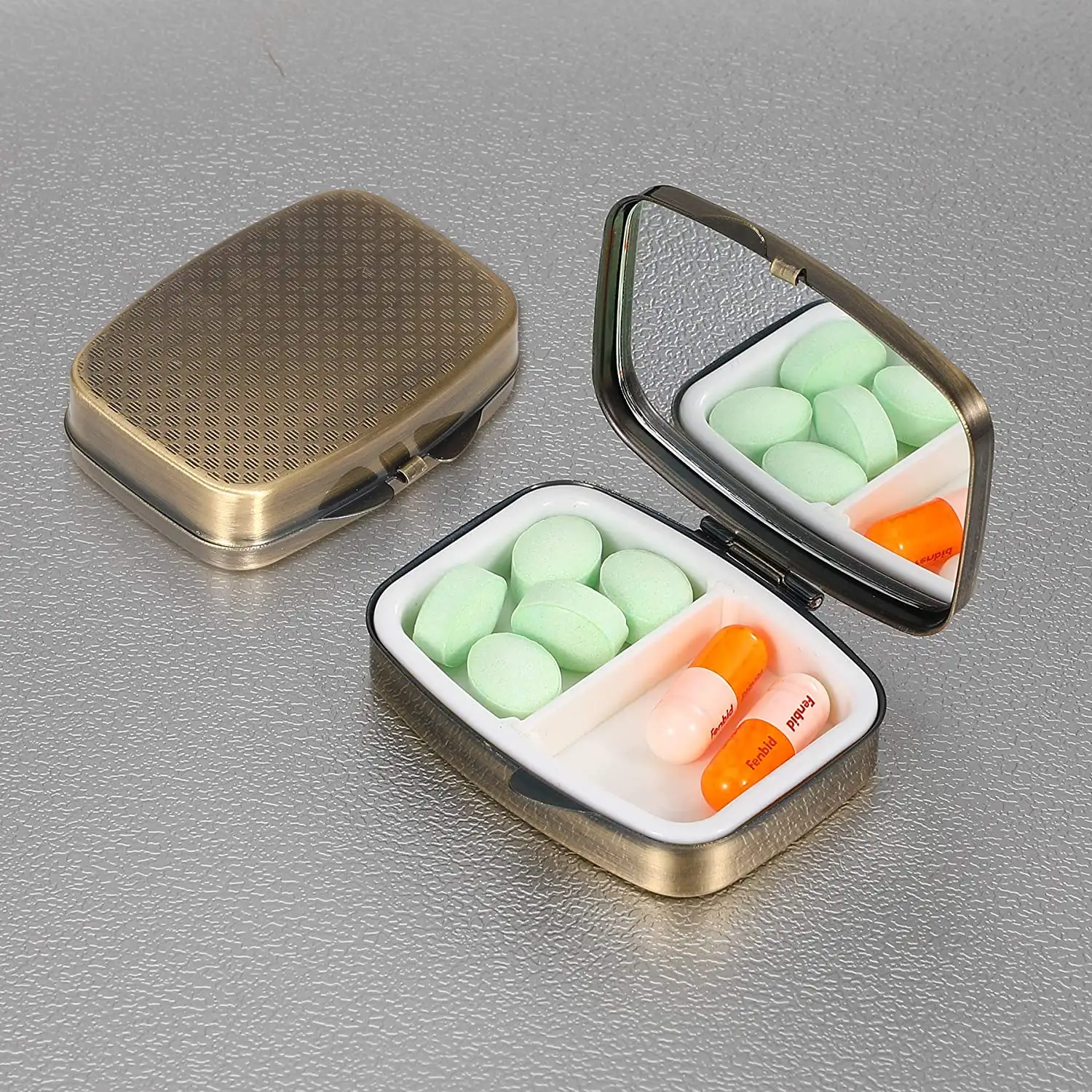 Retro Pill Case Pill Box Pocket 2 Compartment Medicine Case Vitamin Pill Organizer for Pocket Purse and Travel Gifts