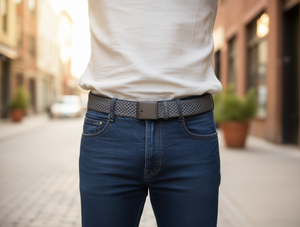 Cintura da uomo in tessuto a coste con fibbia in ferro, 4,0 cm x 125 cm, cinture in metallo grigio per abbigliamento casual - Product Image 2