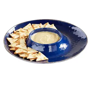 Rustieke Blauw Ronde Hobbelige Melamine Tortilla Chips Tray & Dip Server Kom