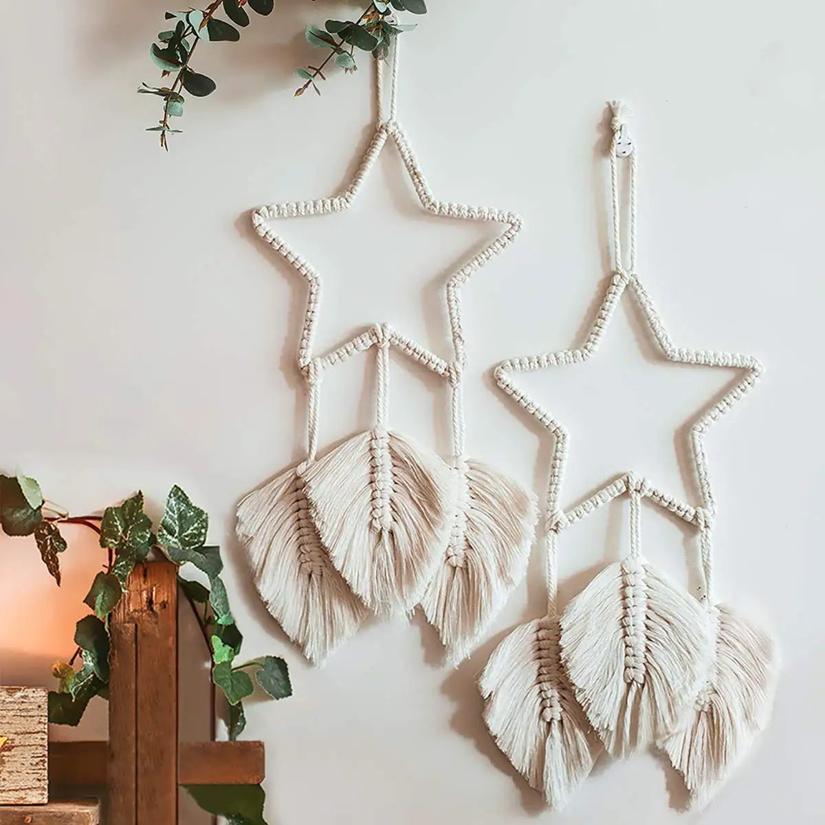 Macrame Wall Hanging Feather Boho Chic Handmade Woven Leaf Tassels Party Wall Decorations Woven Dream Catcher Wall Decor Art
