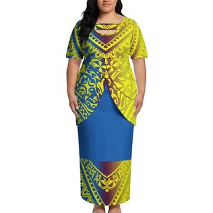 Gaun Wanita Gaya Pulau Pasifik Dua Potong Atasan dan Rok Maxi Set Pola Puletasi Gaun Maxi Kerah O Lengan Pendek - Product Image 2