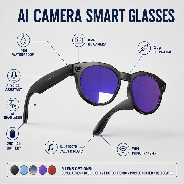 Manufacturer AI Smart Glasses with Camera Waterproof Design AI Assistant Hands-Free Calling Voice Control Magnetic Charging
