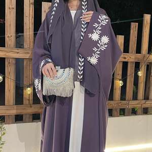 2025 donne di lusso ricamate floreali in Chiffon viola morbido Abaya fatto a mano eleganti modesti abiti musulmani Dubai per il matrimonio abbinati - Product Image 1