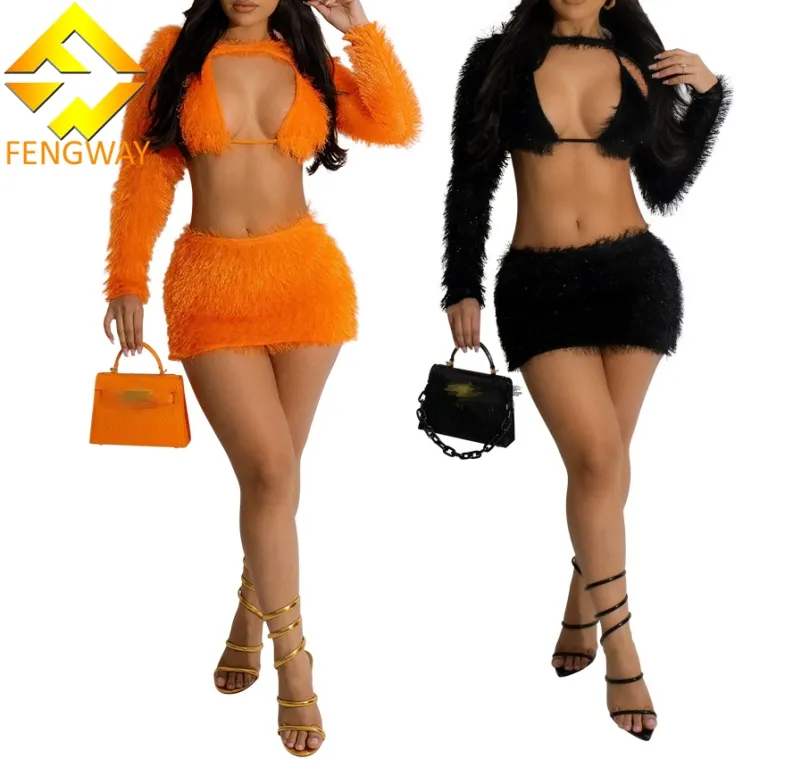 2024 Frauen Sexy Pelz Orange Dreiteilige Röcke Set Mode Backless Langarm Cover Up Tops Dessous und Bodycon Minirock