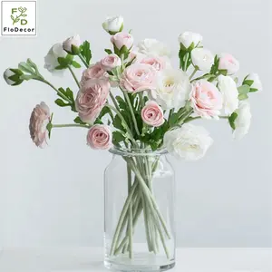 도매 2 머리 인공 차 장미 핑크 꽃 실크 패브릭 Ranunculus 꽃 홈 웨딩 파티 장식