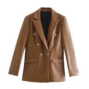 vintage style Spring and winter tan color PU women leather jacket notched stylish ladies leather coats double-breasted