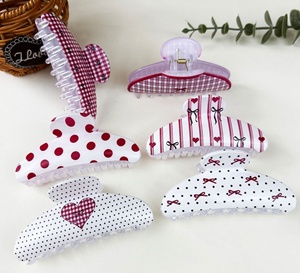 Pinces à cheveux à rayures écossaises et pois, mignonnes et élégantes, demi-rondes imprimées, antidérapantes, accessoires pour cheveux pour femmes - Product Image 2