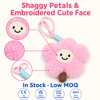 Gantungan Kunci Boneka Bunga Pink Shaggy Lucu Kawaii Bordir Wajah Tersenyum Lembut Berbulu Kelopak Tali Elastis Liontin Tas Katun