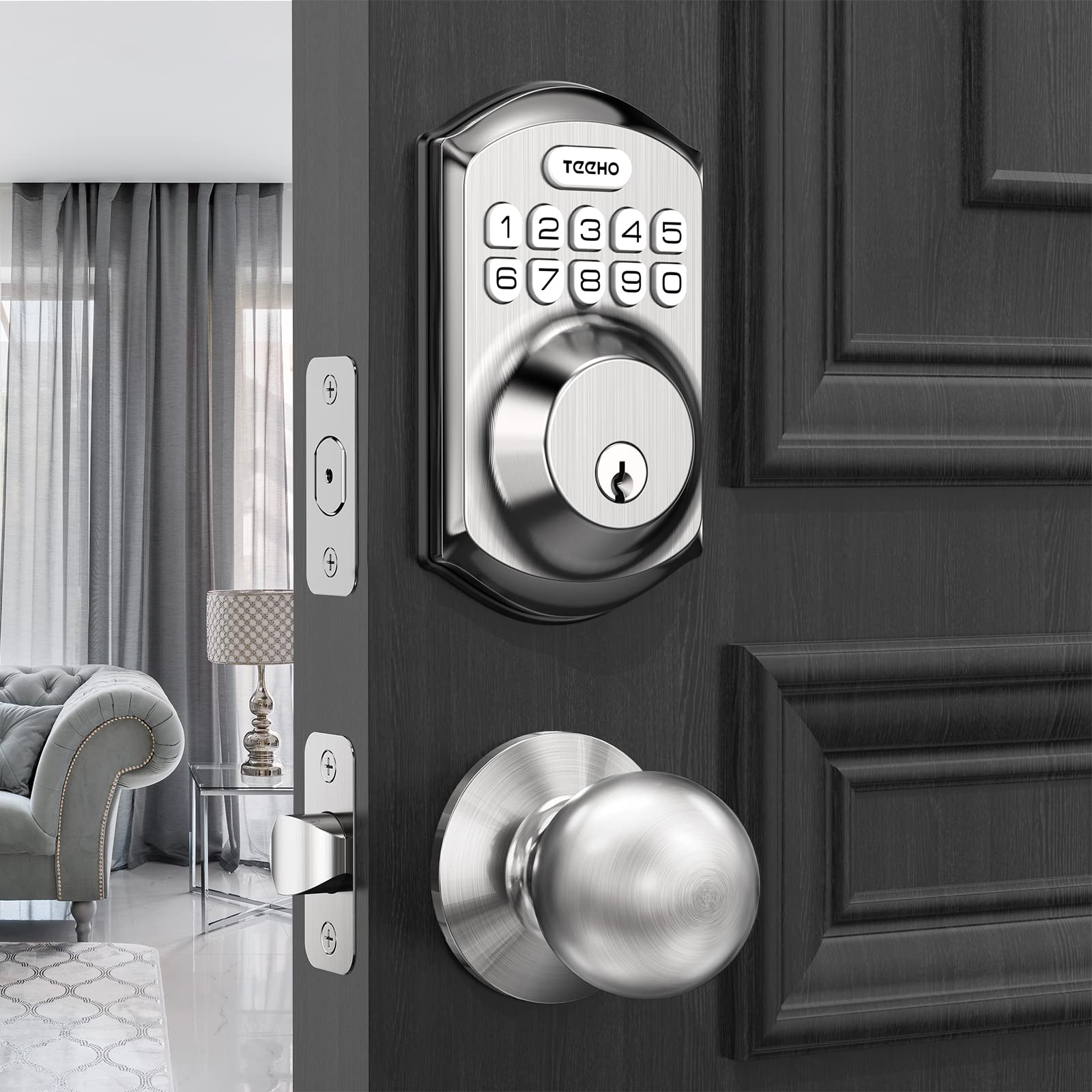 Electronic Keypad Door Lock With Handle – Silver, Keyless Entry, Anti-Peep Password, Fits Left/Right Hand Doors