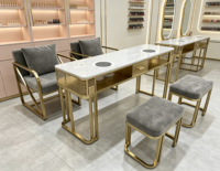 Table de manucure avec collecteur de poussière intégré, cadre en métal doré, plateau en marbre, bureau de salon de manucure pour 3 personnes, poste de travail pour nail art