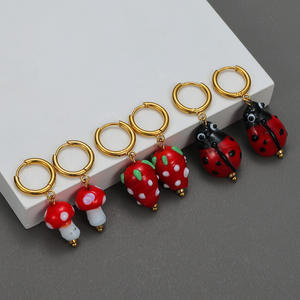 أقراط متدلية أنيقة مذهلة من الخنفساء مطلية بالذهب أقراط لطيفة من خنفساء الحشرات والفطر والفراولة أقراط متدلية مجوهرات - Product Image 6