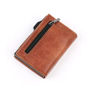 Özel LOGO basın Pop up alüminyum alaşım metal high-end cüzdan PU deri banknot kart tutucu fermuarlı cüzdan cep