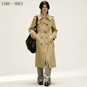 Gabardina de Diseñador CHIU SHUI con Cinturón: Clásica Gabardina <span class=keywords><strong>Larga</strong></span> Color Caqui con Doble Botonadura y Cinturón Ajustable - Product Image 1