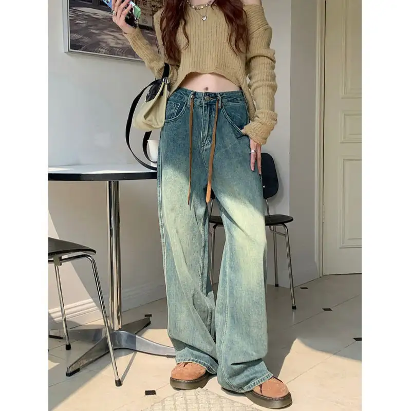 Wholesale Womens Vintage Drawstring Casual Latest Design Jeans Pants Loose Straight Baggy Jeans Women