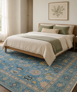 Tapis en laine Oushak noué à la main à poils longs, motif géométrique bleu, rectangulaire, persan, antidérapant, épais, pour chambre et salon - Product Image 1