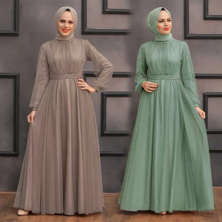 2023 Elegant High waist Pearl Embellished With Plain Pigment Mesh Maxi Islamic Clothing muslim dress