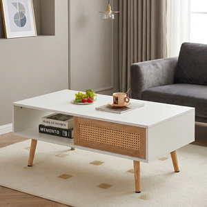 Rattan <b>Coffee</b> <b>Table</b> 41.34 In White With Storage Solid Wood Legs Modern Living Room <b>Table</b> - Product Image 2