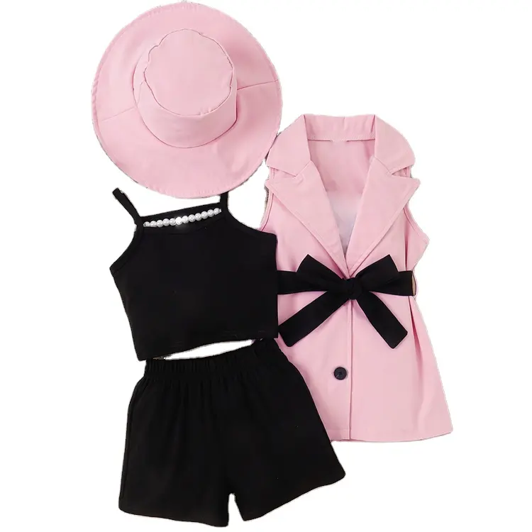 Children'S And Girls' Halter Vest Leggings Bow Sleeveless Suit Tie Hat Four Piece Suit Children's Clothing Girls