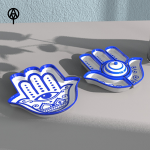 Commercio all'ingrosso blu ceramica <span class=keywords><strong>Hamsa</strong></span> piatto a mano malocchio arte mediterraneo vassoio spirituale personalizzato Fatima piatto a mano per gioielli monete - Product Image 5