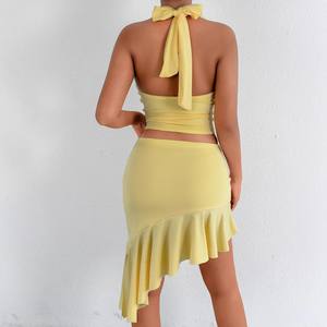 Women's Summer Fashion <b>Dress</b> Set European American Style <b>Sexy</b> Halter Neck Irregular Hem Bodycon Natural Waistline Made Chiffon - Product Image 3