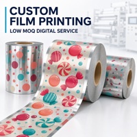 Service d'impression numérique personnalisée de films plastiques à faible MOQ pour emballages de bonbons en rouleaux laminés BOPP, VMPET, PE avec logo personnalisé