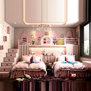 Letto a castello a tre piani per bambine, lussuoso e semplice, in legno massello, rosa, per <span class=keywords><strong>camerette</strong></span> dei sogni - Product Image 1